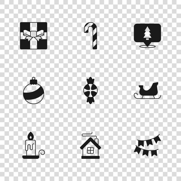 圣诞房屋、圣诞老人雪橇、带旗帜的狂欢节花环、糖果、树、礼品盒、手杖条纹和球图标矢量素材图片下载