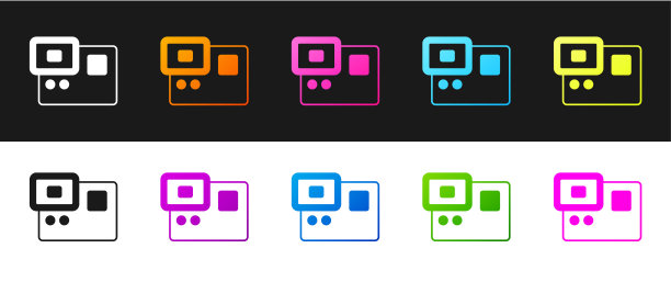 设置动作极端相机图标隔离在黑白背景。用于拍摄极限运动的摄像机设备。向量图片下载