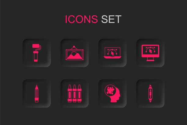 集蜡笔绘画，图片景观，油漆辊刷，喷雾，电脑设计程序，记号笔，铅笔橡皮擦图标。向量图片下载