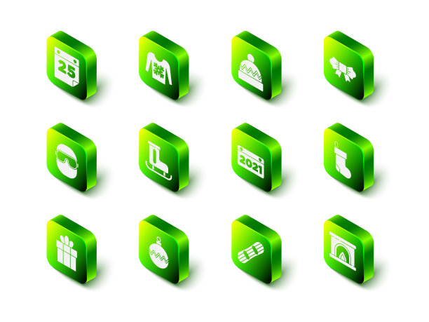 集圣诞毛衣，冬季帽子，领结，长袜，室内壁炉，日历，滑雪板和球图标。向量图片下载