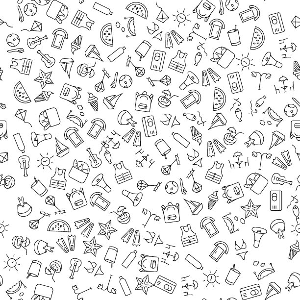 夏季爱好和各种活动无缝图案印刷，包装，设计，网站，商店，应用程序图片下载