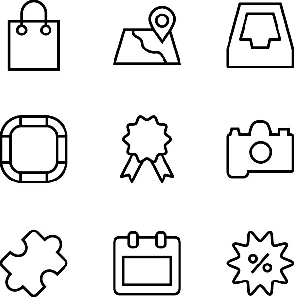 矢量线图标集的设计，应用程序，横幅，网站。可编辑的中风。轮廓符号盒子，地图别针，照片，奖品，日历，拼图图片下载