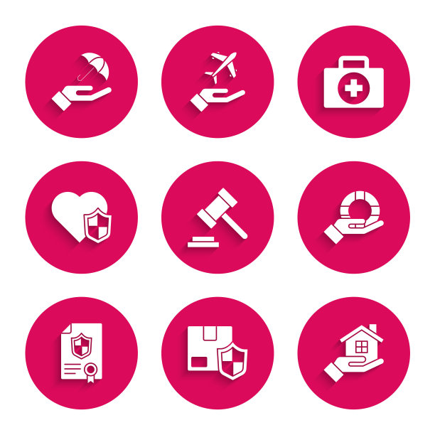 法官 gavel、带盾牌的交付安全、手中的房子、救生圈、合同、保险、急救箱和雨伞图标矢量素材图片下载