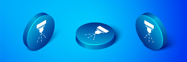 等距消防喷淋系统图标隔离在蓝色背景。喷头，灭火器固体图标。蓝色圆圈按钮。向量图片下载