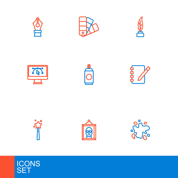 集线喷漆，图片，魔术棒，笔记本，电脑与设计程序，可以，羽毛墨水瓶和调色板指导图标。向量图片下载