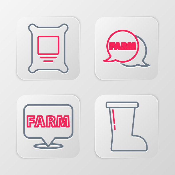 设置线防水橡胶靴，位置农场，语音气泡与农场和肥料袋图标。向量图片下载