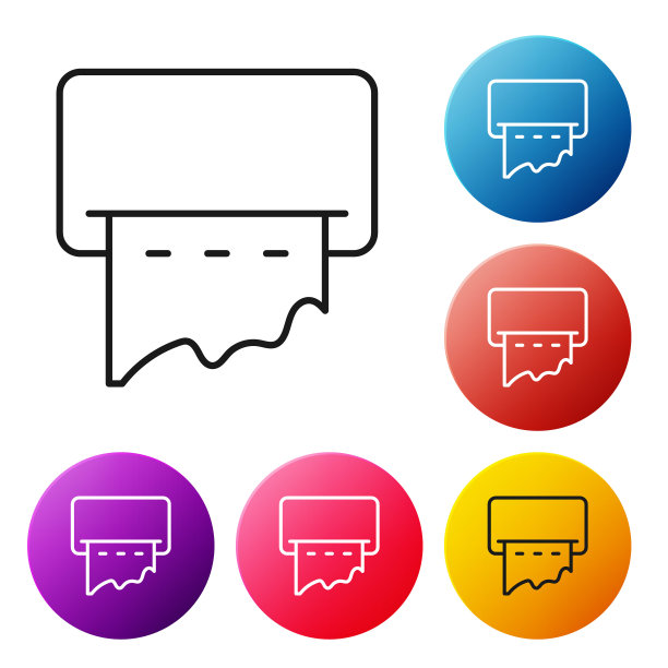 在白色背景上孤立的墙上的纸巾分发器图标。公共厕所设备，卫生护理和清洁双手。设置图标彩色圆圈按钮。矢量图图片下载