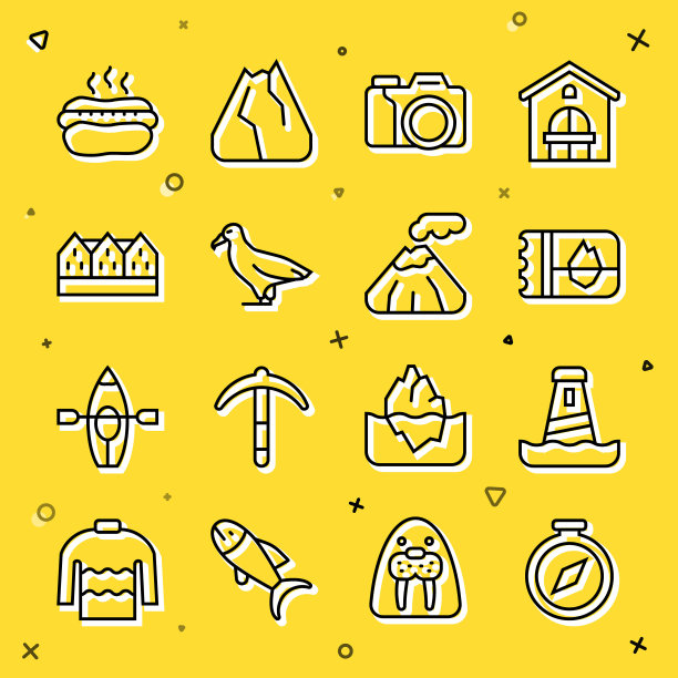 设线指南针，灯塔，冰岛票，照相机，信天翁，挪威木，热狗三明治和火山图标。向量图片下载