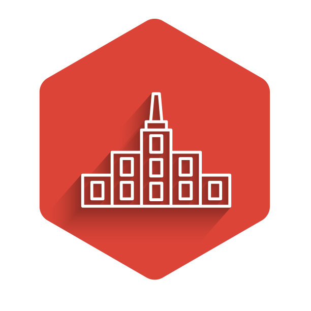 白色线条的城市景观图标与长长的影子隔离。都市建筑全景景观。红色六边形按钮。向量图片下载