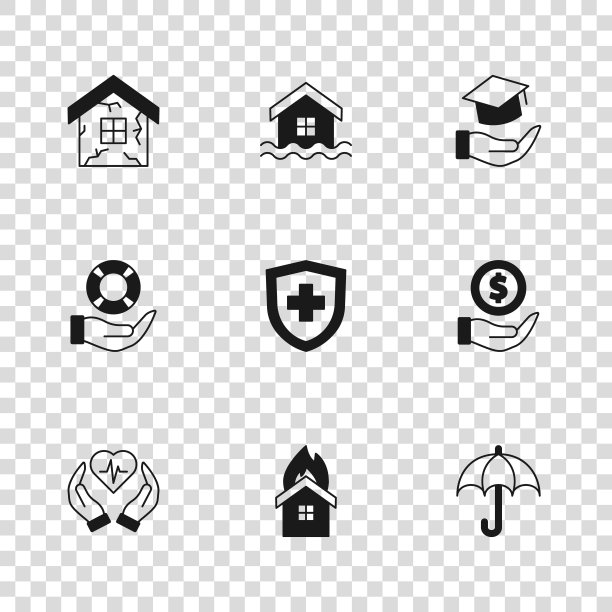 在燃烧的房子里放火，带盾牌的钱，伞，人寿保险，教育补助金，房子，洪水和救生圈手图标。向量图片下载