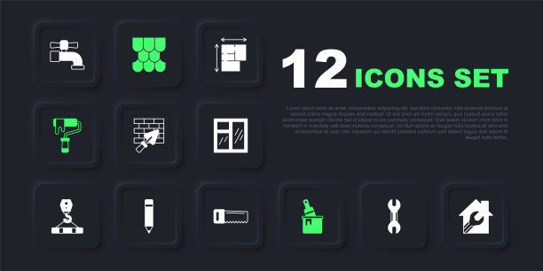 套扳手扳手，房子与扳手，砖墙抹刀，油漆桶刷，滚筒，铅笔橡皮擦，屋顶瓦和手锯图标。向量图片下载