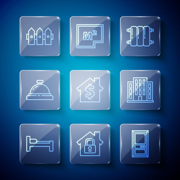 设床，保护房，闭门，暖气片，美元符号，酒店服务铃，花园栅栏木制和图标。向量图片下载