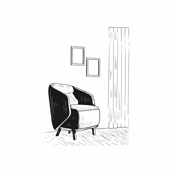 室内设计与现代客厅黑线素描在白色背景，矢量，插图图片下载