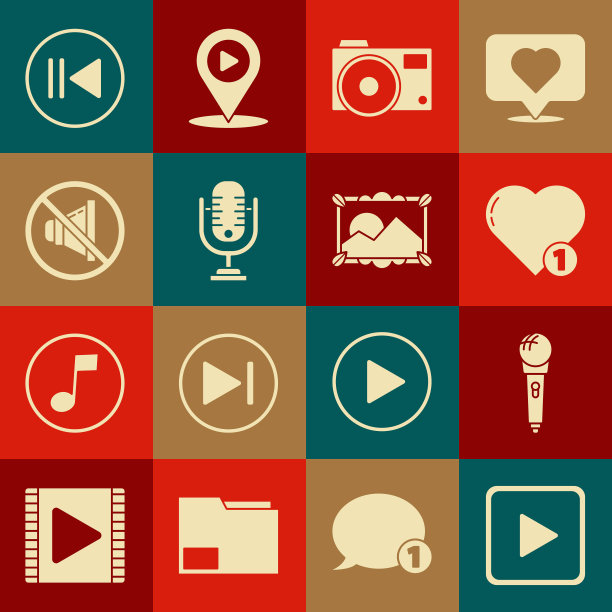 设置播放广场，麦克风，喜欢和心脏，照片相机，扬声器静音，倒带和图片景观图标。向量图片下载