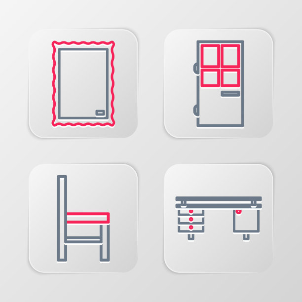 设置线办公桌，椅子，关门和图片图标。向量图片下载