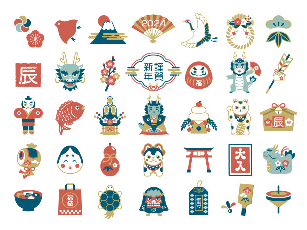 2024新年图标插画集：中国风生肖龙及装饰图片下载
