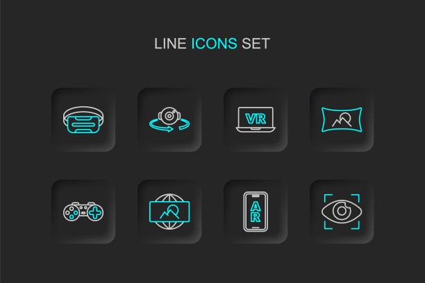 设置线大哥电子眼，增强现实AR，广角图片，手柄，虚拟，360度视图和眼镜图标。向量图片下载