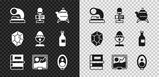 集旧留声机，麦克风，经典茶壶，书，图片，肖像图片在博物馆，宝石石和鸡蛋站图标。向量图片下载