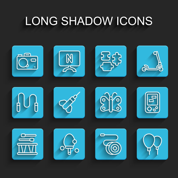 集线鼓鼓鼓棒，球拍，照相机，溜溜球玩具，气球，飞镖箭，俄罗斯方块电子游戏和蝴蝶图标。向量图片下载