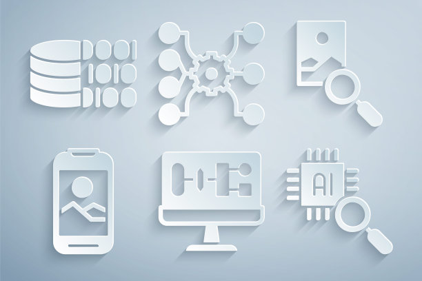 集算法，照片修图，手机，处理器CPU，神经网络和二进制代码图标。向量图片下载