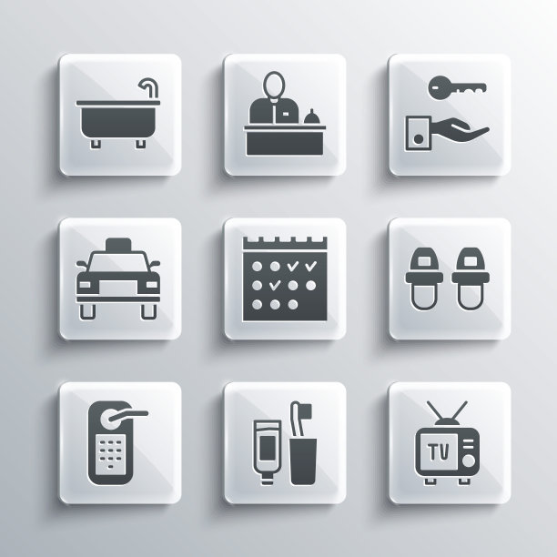 集牙刷和牙膏，复古电视，酒店拖鞋，预订日历，数字门锁，出租车，浴缸和钥匙图标。向量图片下载