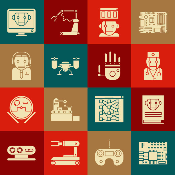 集印刷电路板PCB，用户手册，机器人医生，无人机飞行与动作相机，工人机器人，机器人和机械手图标。向量图片下载
