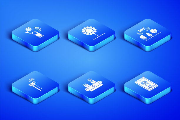 集智能控制农业系统，技术，带盒子的传送带，路由器和wi-fi信号，花和无人机图标。向量图片下载