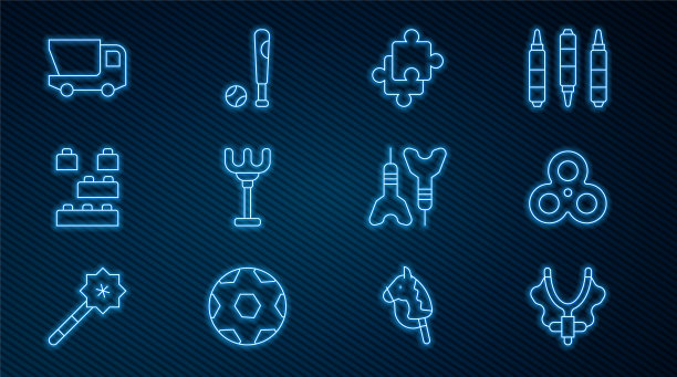 设线弹弓，指尖陀螺，拼图片玩具，耙子，玩具积木砖，卡车，飞镖箭头和棒球棒与球图标。向量图片下载