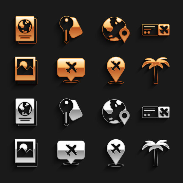 设置语音气泡与飞机，机票，热带棕榈树，飞机，照片，位置在全球，护照和酒店门锁钥匙图标。向量图片下载