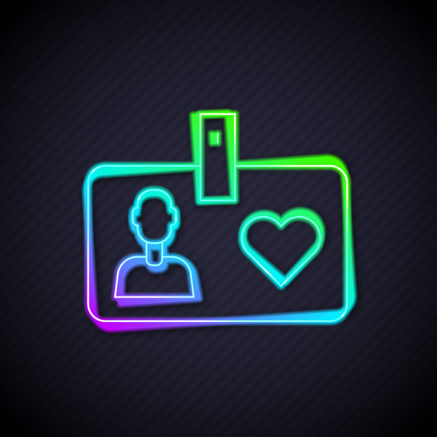 发光的霓虹灯线识别卡志愿者图标孤立的黑色背景。志愿者身份证或胸章。向量图片下载