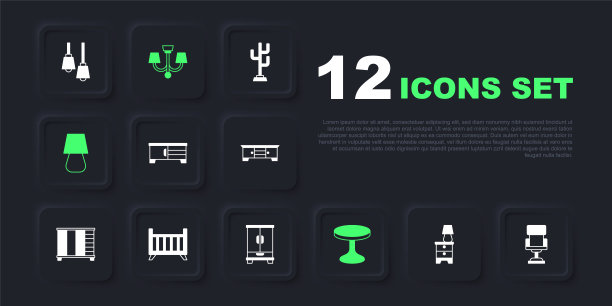 集家具床头柜灯，办公椅，电视桌，圆形，桌子，婴儿床摇篮床，吊灯和衣柜图标。向量图片下载