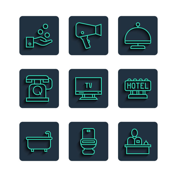 浴缸，马桶，酒店前台，覆盖托盘，智能电视，电话听筒，支付提示和招牌文字图标。向量图片下载