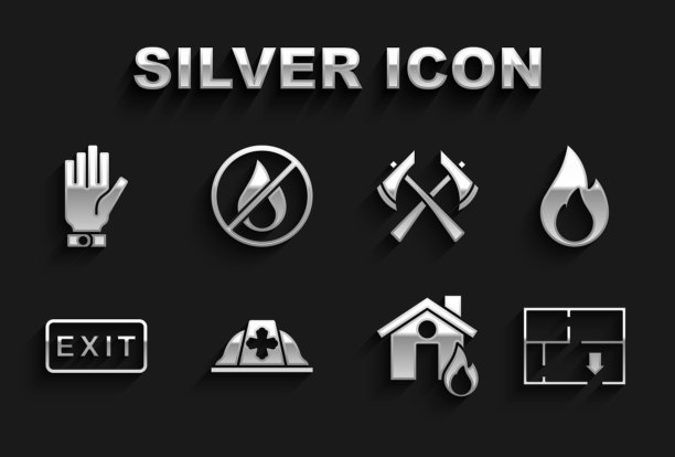 消防员头盔，火焰，疏散计划，燃烧的房子，出口，斧头，手套和禁止烟火图标矢量素材图片下载