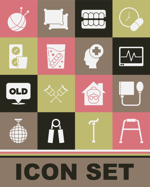 套装助行器，血压，心电图监护仪，假下巴，玻璃，药丸泡罩包装，纱线球针织针和男性头部医院图标。向量图片下载