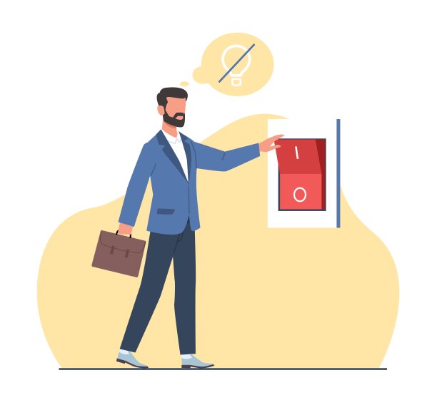 为了省电，男人关掉了断路器。商人按下开关灯。降低水电费。生态的生活方式。卡通平面插图。矢量守恒概念图片下载