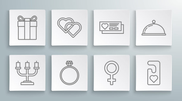 套装线烛台，两颗相连的心，钻石订婚戒指，女性符号，请不要打扰心，票，有盖的食物托盘和礼盒图标。向量图片下载