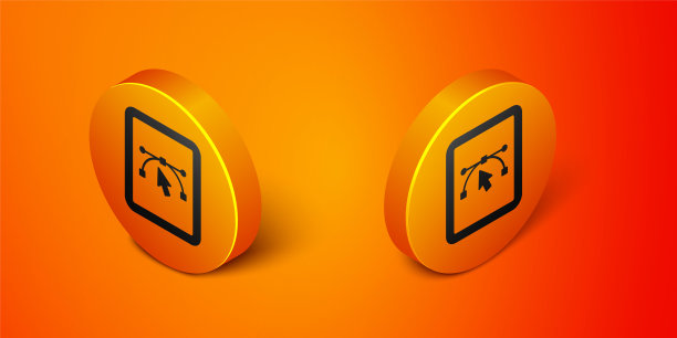 等距计算机显示与矢量设计程序图标孤立孤立在橙色背景上。照片编辑软件与用户界面。橙色圆圈按钮。向量图片下载