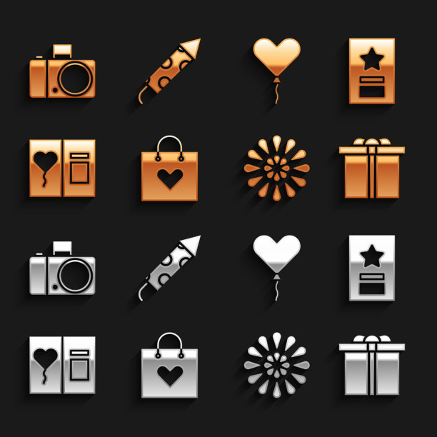集购物袋与心，贺卡，礼盒，烟花，气球形式，照相机和火箭图标。向量图片下载