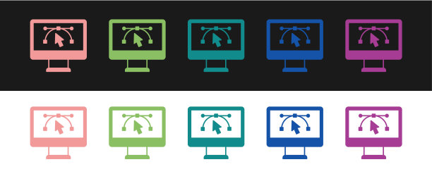 设置计算机显示与矢量设计程序图标隔离上孤立的黑白背景。照片编辑软件与用户界面。向量图片下载