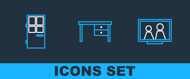 在桌子上设置线条相框，关闭的门和办公桌图标。向量图片下载