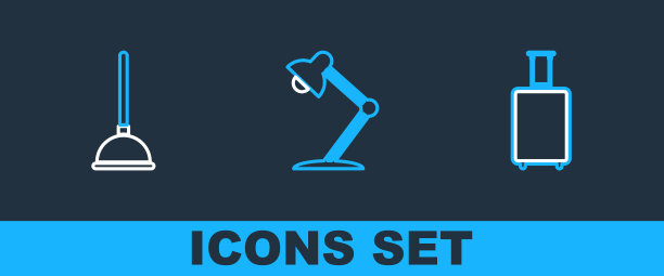 集行旅行箱，橡胶柱塞和台灯图标。向量图片下载