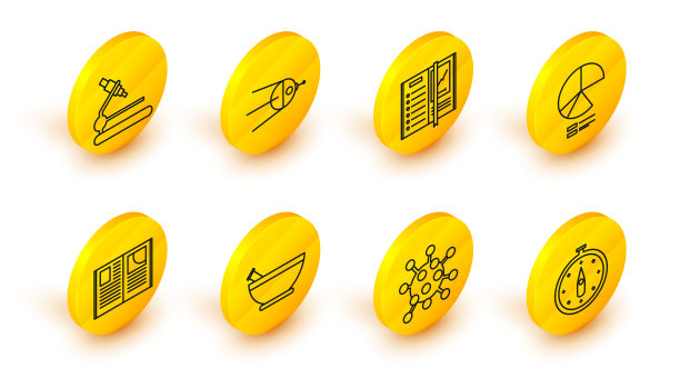 设置线指南针，细菌，研钵和杵，打开书，饼图信息图，笔记本，卫星和显微镜图标。向量图片下载