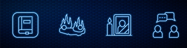 设有悼念相框，法律书，燃烧的汽车和演讲泡沫聊天。砖墙上发光的霓虹灯图标。向量图片下载