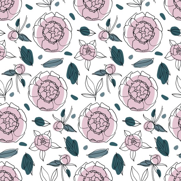 牡丹无缝图案水墨花现代极简主义线条艺术素描与色彩。手绘线形牡丹花、芽、叶。用于墙纸、包装纸、纺织品的重复自然插画。图片下载