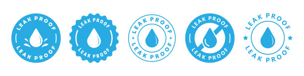 防漏贴纸、标志、标签或徽章。无泄漏，或防泄漏。用于液体产品。矢量图标集图片下载