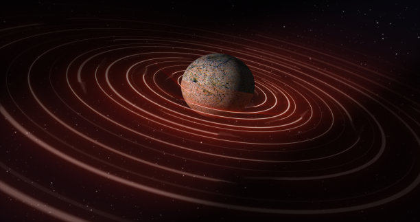 摘要黄褐色的太空行星，在开放空间的恒星背景上有一个圆形的小行星带环，未来的高科技图片下载