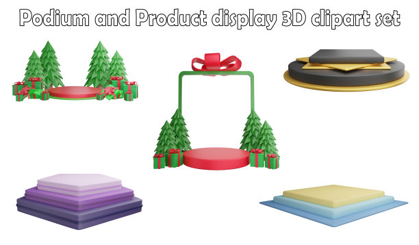 讲台和产品展示剪贴画元素，3D渲染产品展示概念孤立在白色背景图标集No.4图片下载