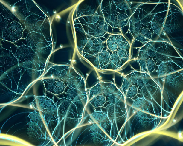 发光的水生生物。抽象分形艺术背景在蓝色，绿松石和黄色。图片下载