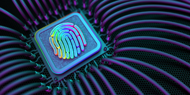 具有生物指纹认证的量子计算机芯片。互联网安全与隐私网络技术。加密和安全数据的概念。图片下载