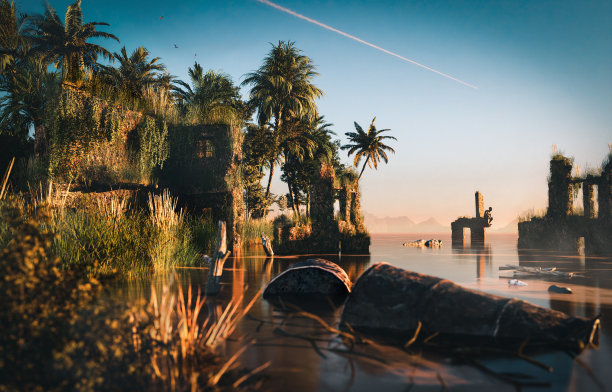 热带岛屿淹死的房子，3D渲染图片下载